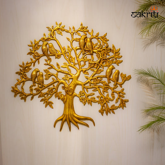 Sacred Needs Brass Tree with Birds Wall Décor – 23 Inch (58.4 cm) Height | Large Brass Tree Wall Hanging for Living Room, Entrance & Home Décor