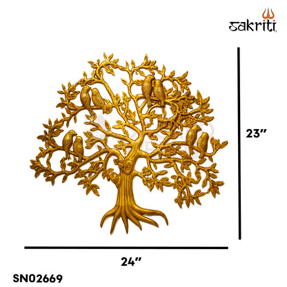 Sacred Needs Brass Tree with Birds Wall Décor – 23 Inch (58.4 cm) Height | Large Brass Tree Wall Hanging for Living Room, Entrance & Home Décor