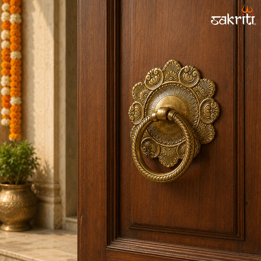 Sacred Needs Brass Flower Door Knocker – 6.2 Inch (15.7 cm) Height | Traditional Floral Brass Door Handle for Main Entrance Décor