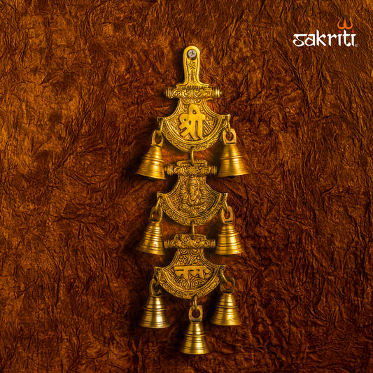 Brass Shub Labh Wall Hanging with Bell – 12 Inch Traditional Brass Wall Decor for Home Entrance, Pooja Room & Vastu