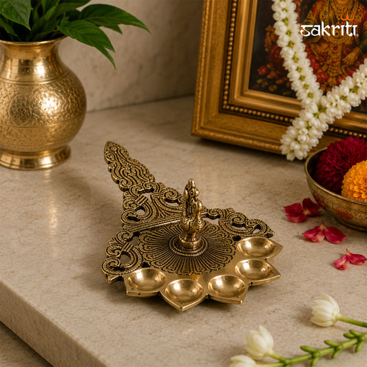 Sacred Needs Brass 5 Face Aarti Lamp – 1.9 Inch (4.8 cm) Height | Traditional Panchmukhi Brass Diya for Pooja, Temple Rituals & Spiritual Décor