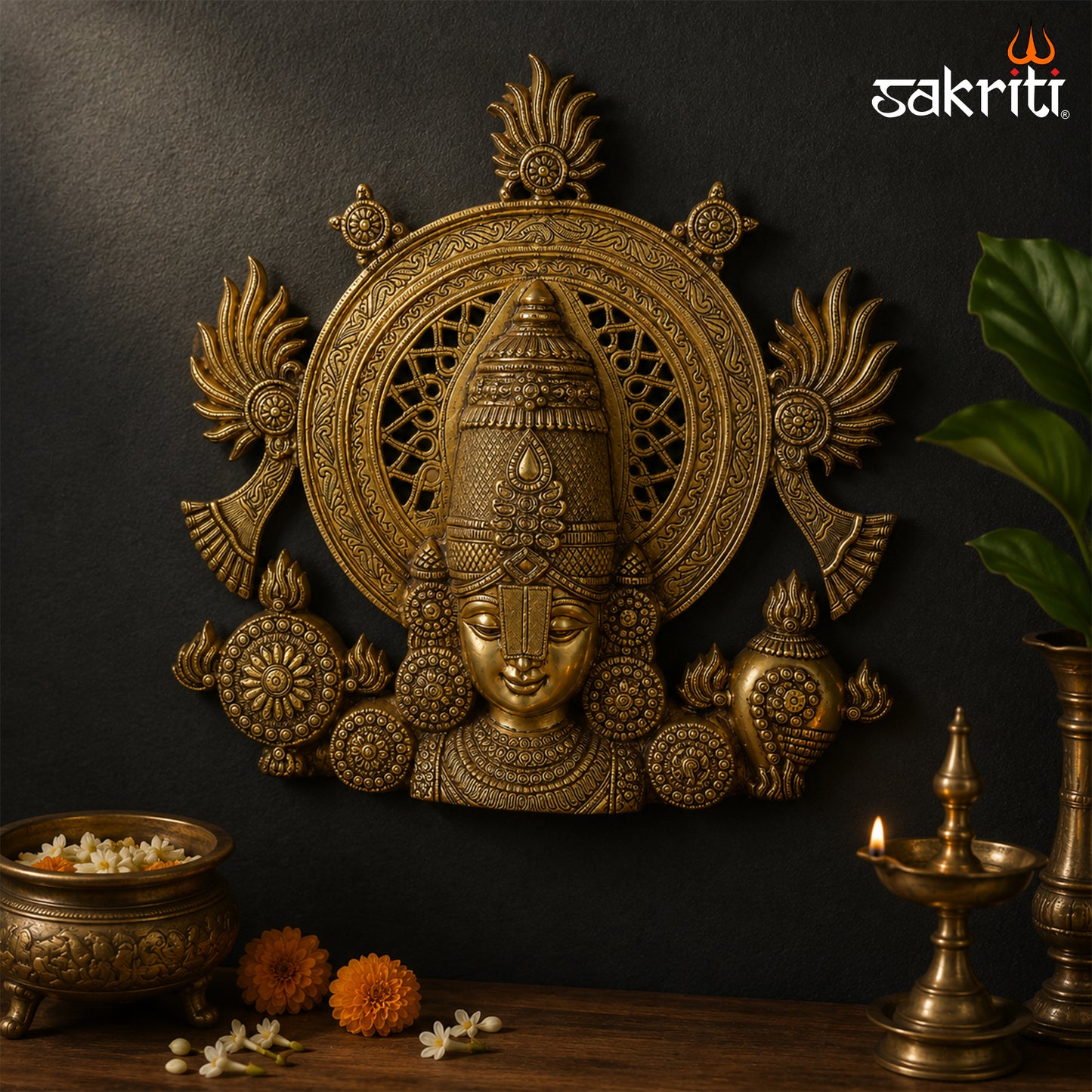 Sacred Needs Brass Balaji Head Wall Décor – 22 Inch (55.9 cm) Height | Lord Venkateswara Brass Face for Temple, Entrance & Spiritual Home Décor