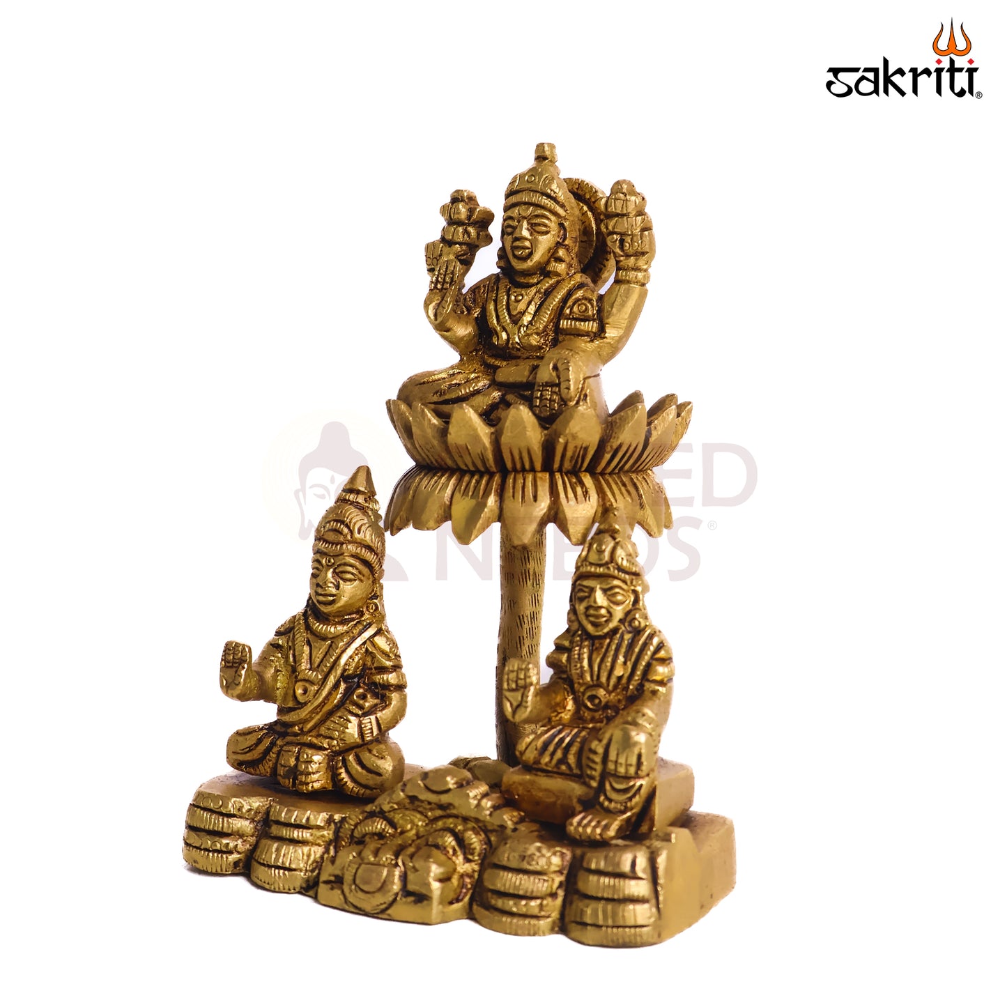 Sacred Needs Brass Kuber Lakshmi Lotus Idol – 4.6 Inch (11.7 cm) Height | Goddess Lakshmi & Kuber Statue for Wealth, Prosperity & Pooja Décor