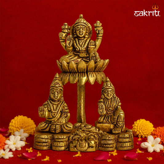 Sacred Needs Brass Kuber Lakshmi Lotus Idol – 4.6 Inch (11.7 cm) Height | Goddess Lakshmi & Kuber Statue for Wealth, Prosperity & Pooja Décor