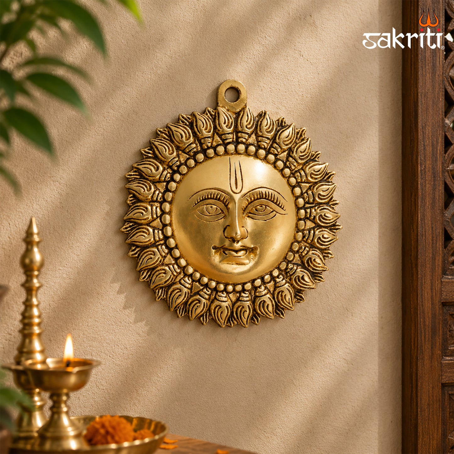 Sacred Needs Brass Sun Plate – 6 Inch (15.2 cm) Diameter | Traditional Brass Surya Decorative Wall Plate for Pooja & Home Décor