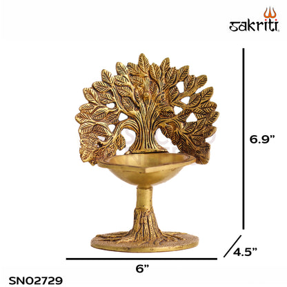 Sacred Needs Brass Tree with Deepam Round Base – 6.9 Inch (17.5 cm) Height | Decorative Brass Tree Lamp for Pooja Room, Temple & Spiritual Home Décor