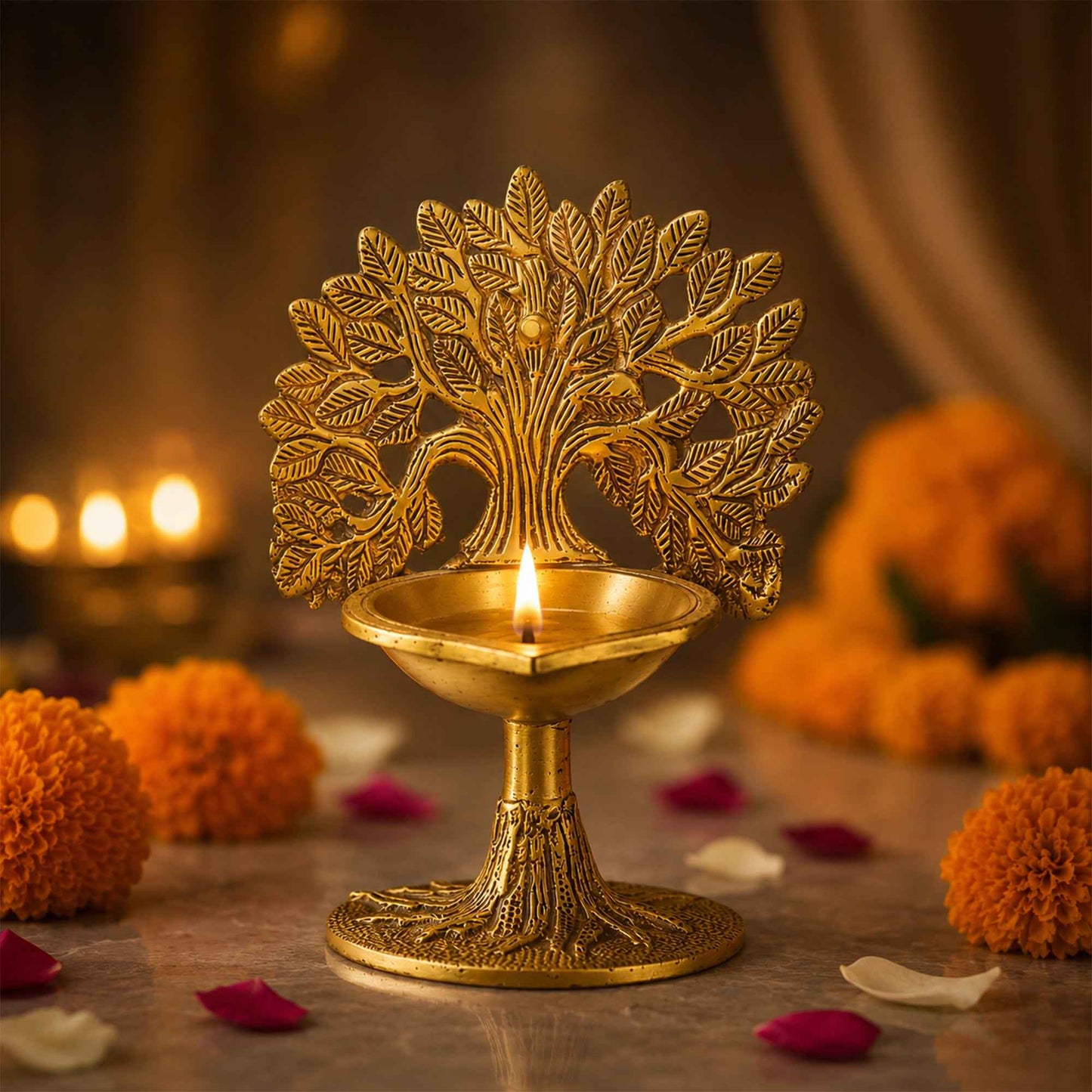 Sacred Needs Brass Tree with Deepam Round Base – 6.9 Inch (17.5 cm) Height | Decorative Brass Tree Lamp for Pooja Room, Temple & Spiritual Home Décor