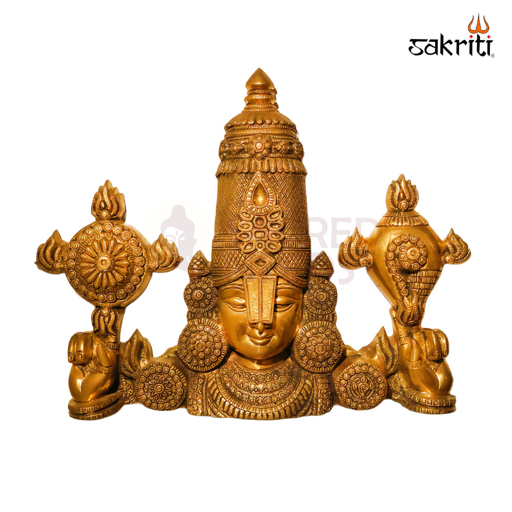 Sacred Needs Brass Balaji Head with Shank Chakra Wall Mount – 15.5 Inch (39.4 cm) Height | Lord Venkateswara Tirupati Balaji Wall Hanging for Temple & Home Décor