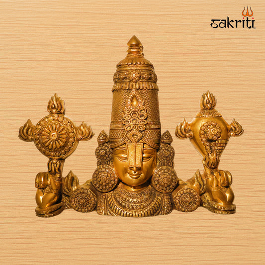 Sacred Needs Brass Balaji Head with Shank Chakra Wall Mount – 15.5 Inch (39.4 cm) Height | Lord Venkateswara Tirupati Balaji Wall Hanging for Temple & Home Décor