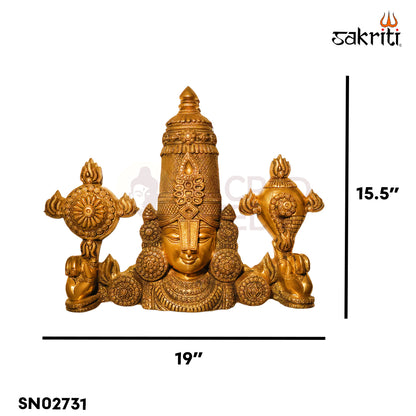 Sacred Needs Brass Balaji Head with Shank Chakra Wall Mount – 15.5 Inch (39.4 cm) Height | Lord Venkateswara Tirupati Balaji Wall Hanging for Temple & Home Décor