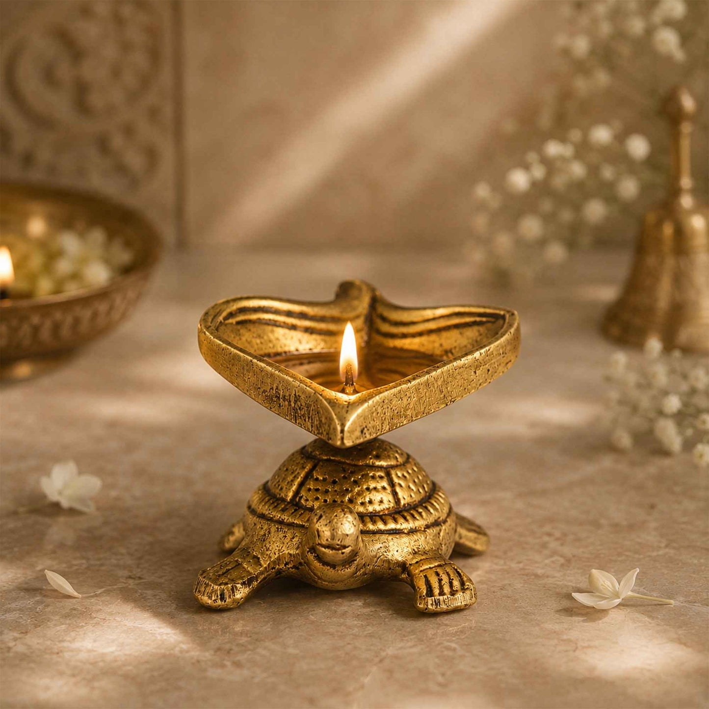 Sacred Needs Brass Tortoise Vilakku – 1.5 Inch (3.8 cm) Height | Traditional Brass Tortoise Oil Lamp for Pooja, Temple & Spiritual Home Décor