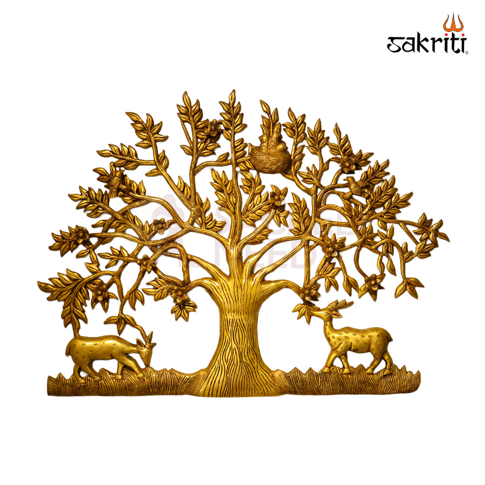 Sacred Needs Brass Tree with Deer Wall Décor – 22.5 Inch (57.2 cm) Height | Large Brass Tree & Deer Wall Hanging for Living Room, Pooja Room & Home Décor