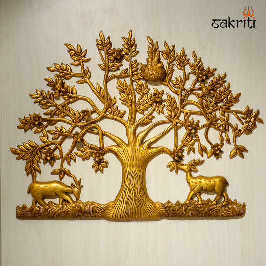 Sacred Needs Brass Tree with Deer Wall Décor – 22.5 Inch (57.2 cm) Height | Large Brass Tree & Deer Wall Hanging for Living Room, Pooja Room & Home Décor