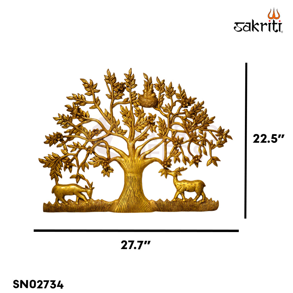 Sacred Needs Brass Tree with Deer Wall Décor – 22.5 Inch (57.2 cm) Height | Large Brass Tree & Deer Wall Hanging for Living Room, Pooja Room & Home Décor