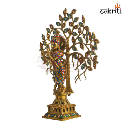Sacred Needs Brass Krishna with Tree Idol – 21 Inch (53.3 cm) Height | Decorative Lord Krishna Statue for Pooja Room, Temple & Spiritual Home Décor