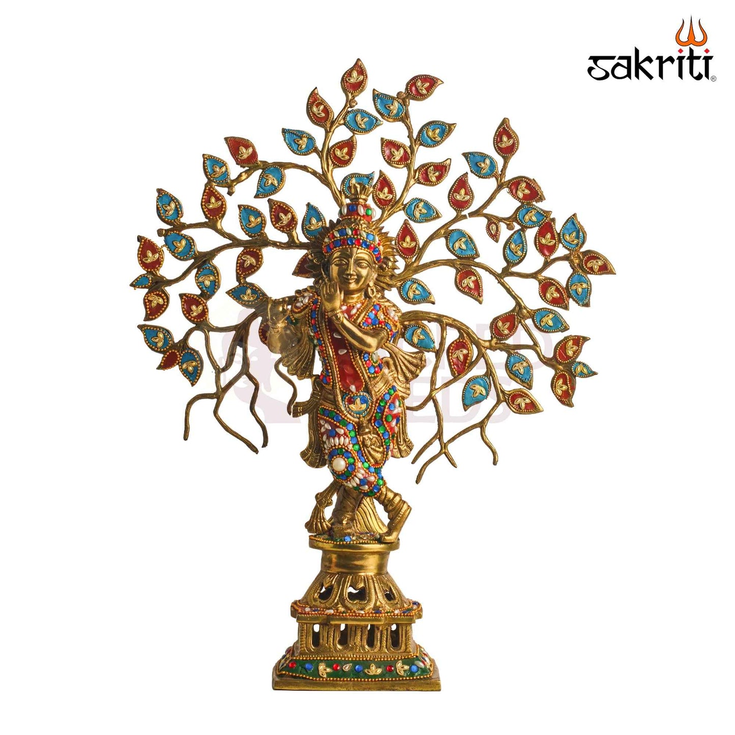 Sacred Needs Brass Krishna with Tree Idol – 21 Inch (53.3 cm) Height | Decorative Lord Krishna Statue for Pooja Room, Temple & Spiritual Home Décor