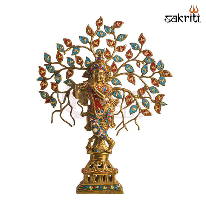 Sacred Needs Brass Krishna with Tree Idol – 21 Inch (53.3 cm) Height | Decorative Lord Krishna Statue for Pooja Room, Temple & Spiritual Home Décor