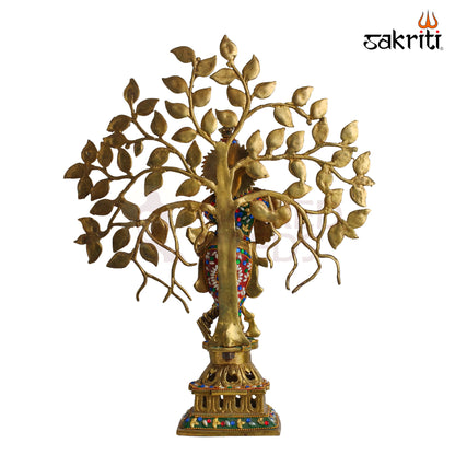 Sacred Needs Brass Krishna with Tree Idol – 21 Inch (53.3 cm) Height | Decorative Lord Krishna Statue for Pooja Room, Temple & Spiritual Home Décor