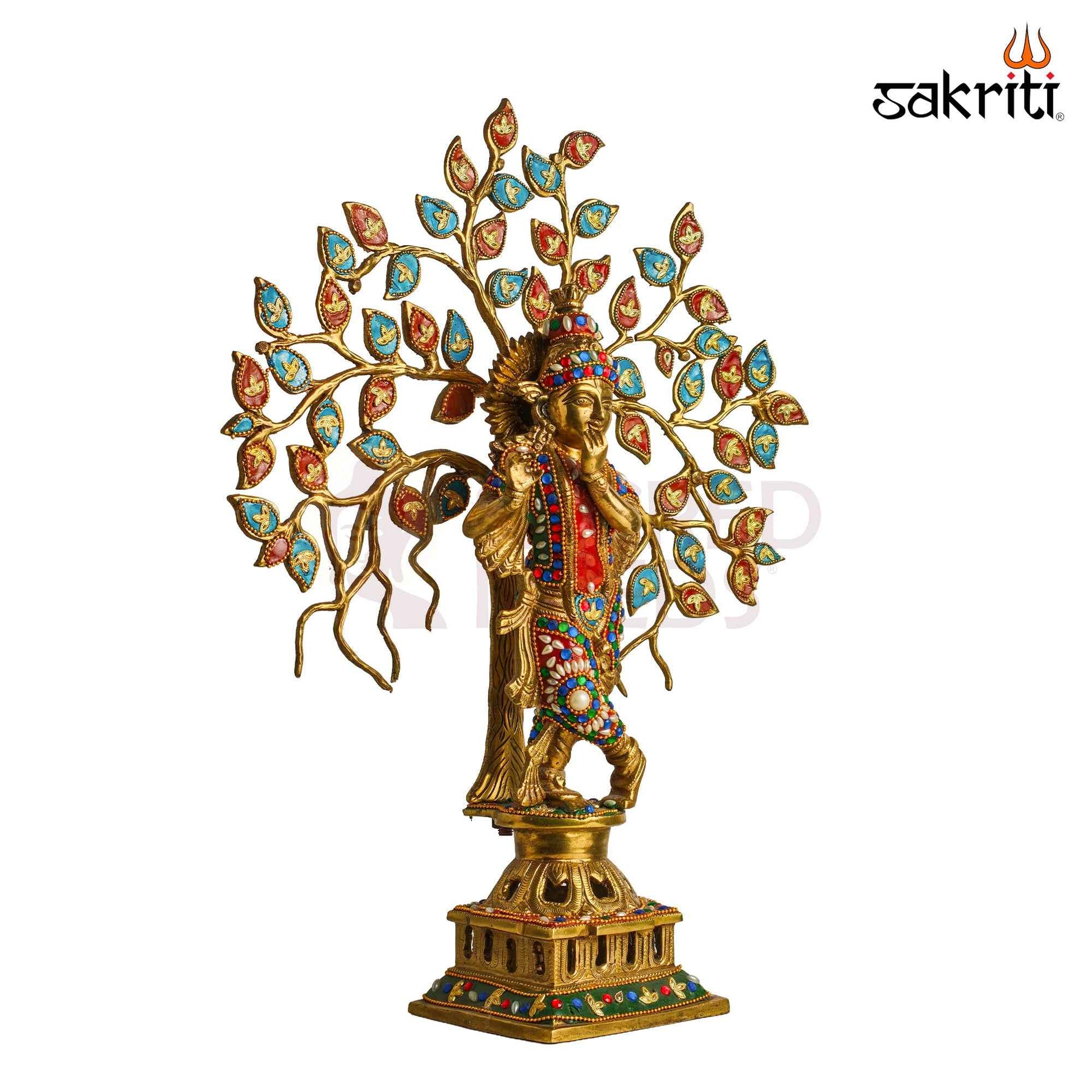 Sacred Needs Brass Krishna with Tree Idol – 21 Inch (53.3 cm) Height | Decorative Lord Krishna Statue for Pooja Room, Temple & Spiritual Home Décor