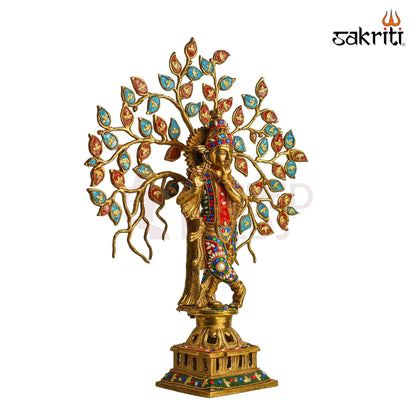 Sacred Needs Brass Krishna with Tree Idol – 21 Inch (53.3 cm) Height | Decorative Lord Krishna Statue for Pooja Room, Temple & Spiritual Home Décor