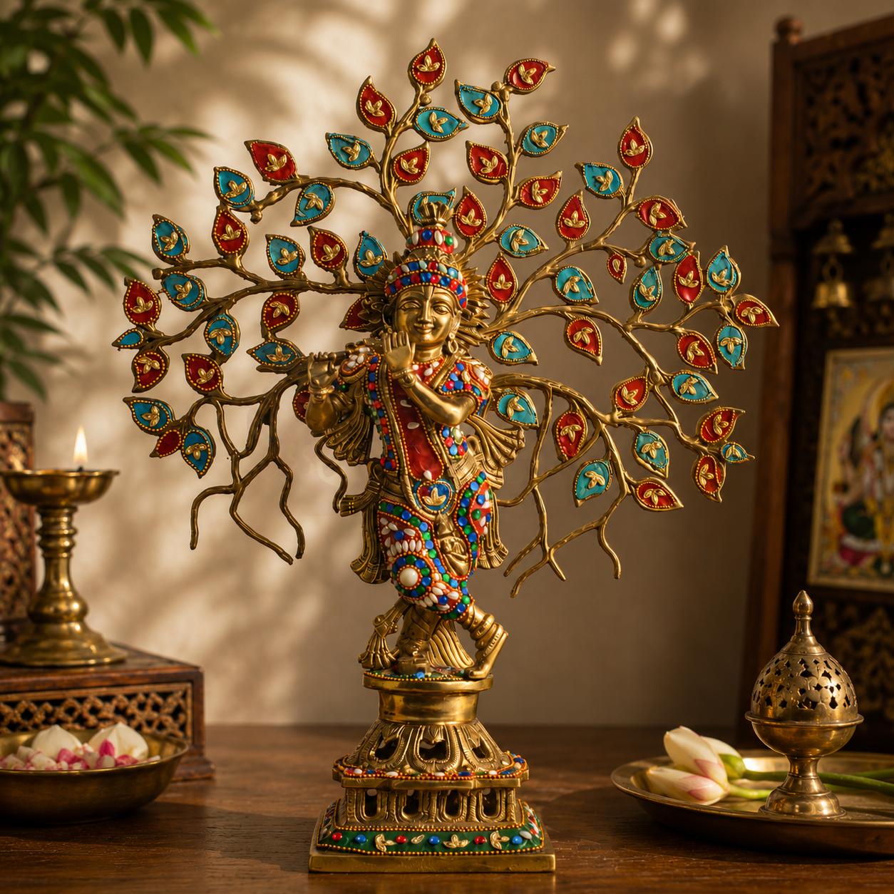 Sacred Needs Brass Krishna with Tree Idol – 21 Inch (53.3 cm) Height | Decorative Lord Krishna Statue for Pooja Room, Temple & Spiritual Home Décor
