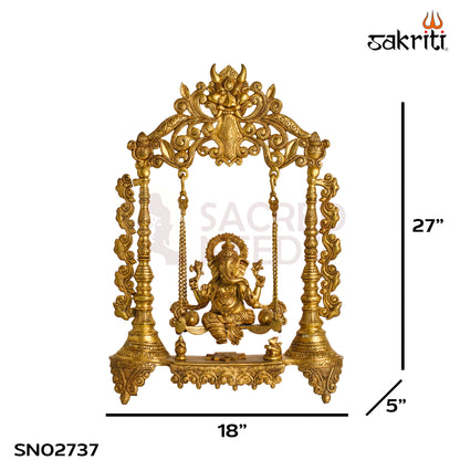 Sacred Needs Brass Ganesha with Jhula Idol – 27 Inch (68.6 cm) Height | Decorative Swing Ganesha Statue for Pooja Room, Temple & Luxury Home Décor