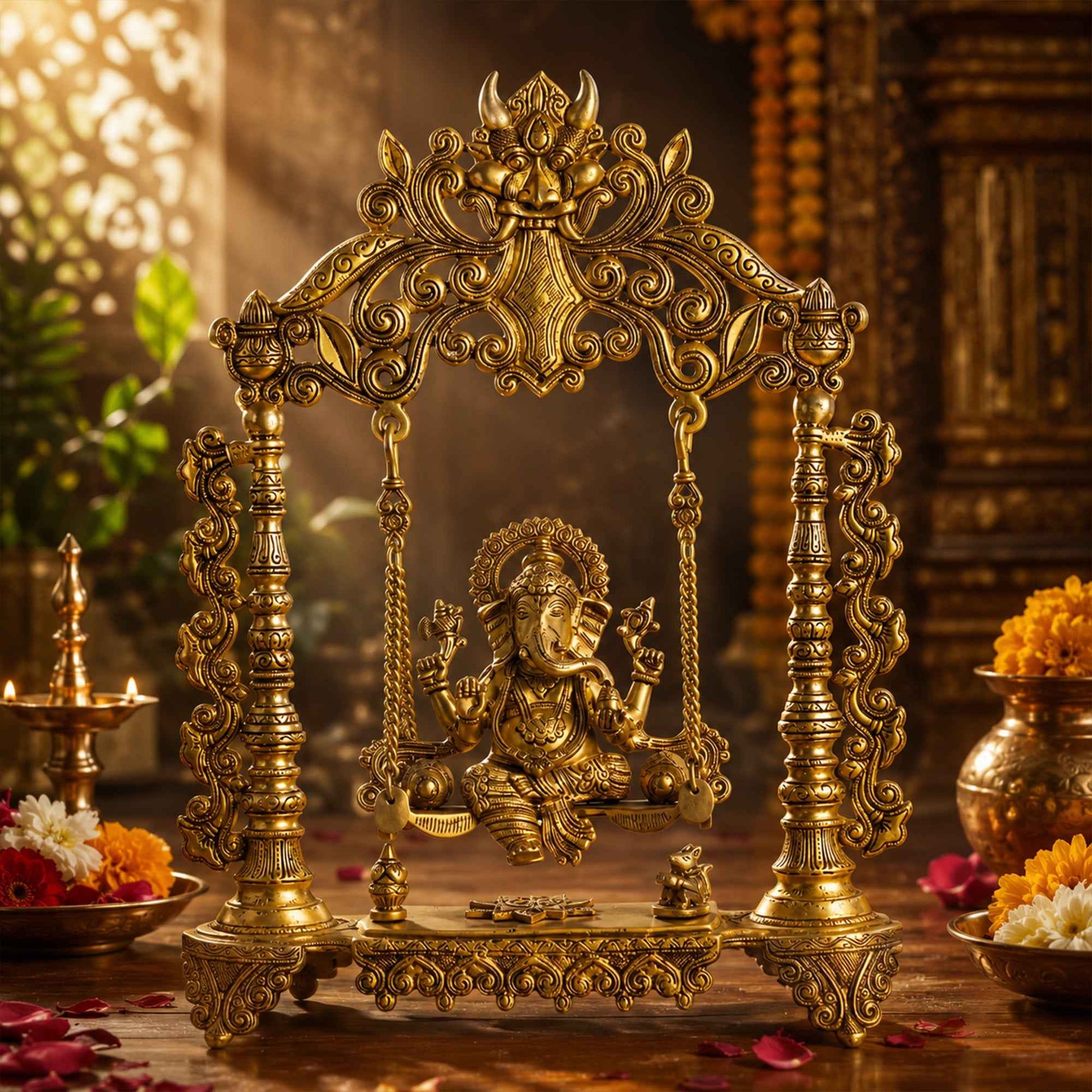 Sacred Needs Brass Ganesha with Jhula Idol – 27 Inch (68.6 cm) Height | Decorative Swing Ganesha Statue for Pooja Room, Temple & Luxury Home Décor