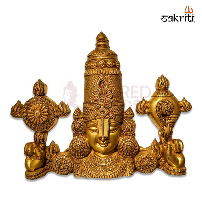 Sacred Needs Brass Balaji Head with Shank Chakra Wall Mount – 15.5 Inch (39.4 cm) Height | Lord Venkateswara Brass Wall Décor for Temple & Pooja Room