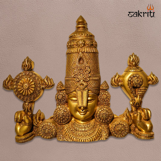 Sacred Needs Brass Balaji Head with Shank Chakra Wall Mount – 15.5 Inch (39.4 cm) Height | Lord Venkateswara Brass Wall Décor for Temple & Pooja Room