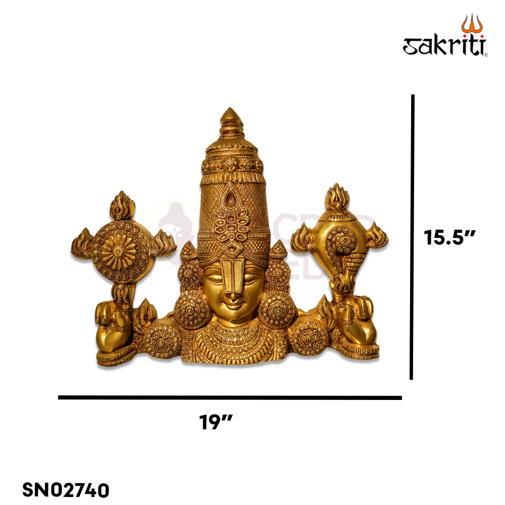 Sacred Needs Brass Balaji Head with Shank Chakra Wall Mount – 15.5 Inch (39.4 cm) Height | Lord Venkateswara Brass Wall Décor for Temple & Pooja Room