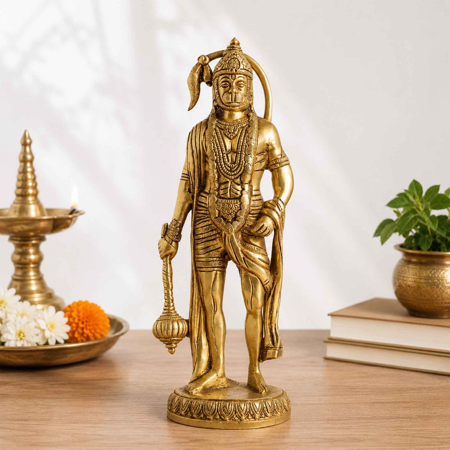 Sacred Needs Brass Standing Hanuman Idol – 10 Inch (25.4 cm) Height | Lord Hanuman Statue for Pooja Room, Temple, Spiritual Décor & Devotional Worship