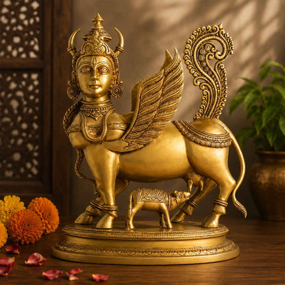 Sacred Needs Brass Kamadhenu Cow Idol – 17 Inch (43.2 cm) Height | Divine Kamadhenu Statue with Calf for Pooja Room, Temple, Vastu & Home Décor