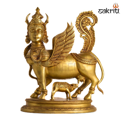 Sacred Needs Brass Kamadhenu Cow Idol – 17 Inch (43.2 cm) Height | Divine Kamadhenu Statue with Calf for Pooja Room, Temple, Vastu & Home Décor