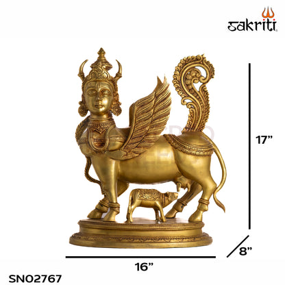 Sacred Needs Brass Kamadhenu Cow Idol – 17 Inch (43.2 cm) Height | Divine Kamadhenu Statue with Calf for Pooja Room, Temple, Vastu & Home Décor