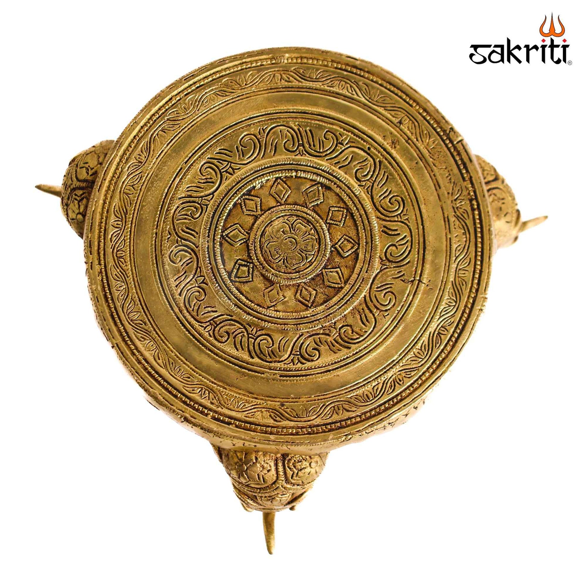 Sacred Needs Brass Round Table with Elephant Legs – 4.5 Inch (11.4 cm) Height | Decorative Brass Chowki Stand for Idols, Pooja Room, Temple & Home Décor