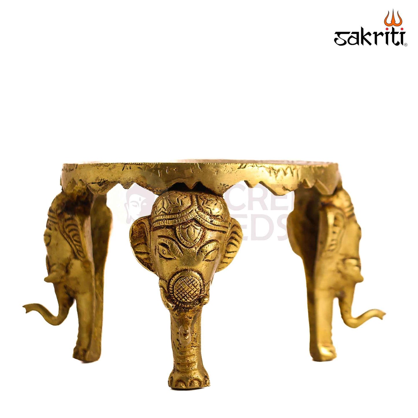 Sacred Needs Brass Round Table with Elephant Legs – 4.5 Inch (11.4 cm) Height | Decorative Brass Chowki Stand for Idols, Pooja Room, Temple & Home Décor