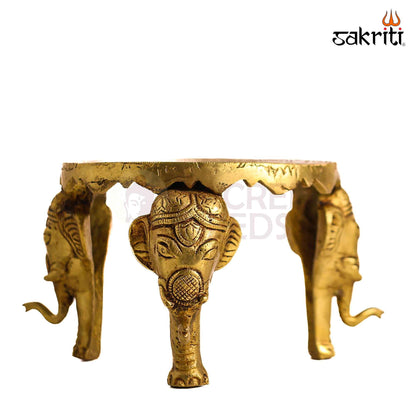 Sacred Needs Brass Round Table with Elephant Legs – 4.5 Inch (11.4 cm) Height | Decorative Brass Chowki Stand for Idols, Pooja Room, Temple & Home Décor