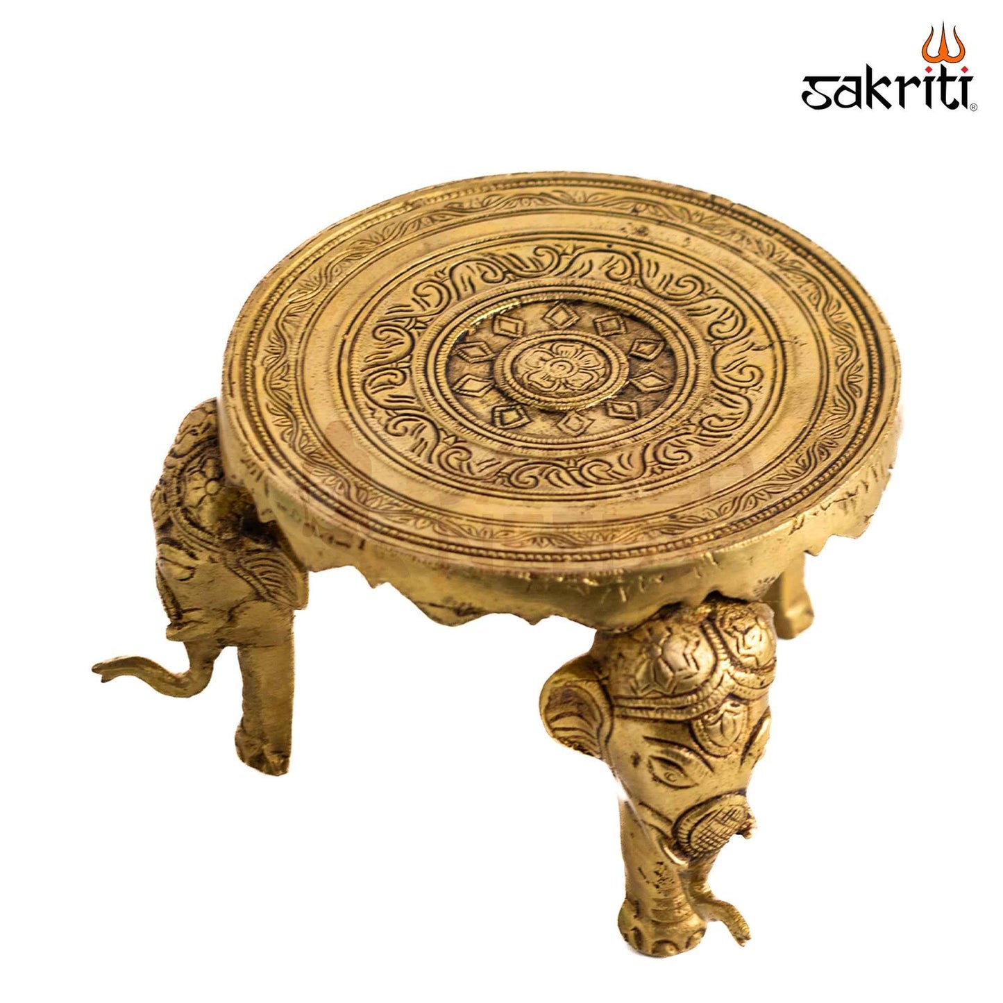 Sacred Needs Brass Round Table with Elephant Legs – 4.5 Inch (11.4 cm) Height | Decorative Brass Chowki Stand for Idols, Pooja Room, Temple & Home Décor