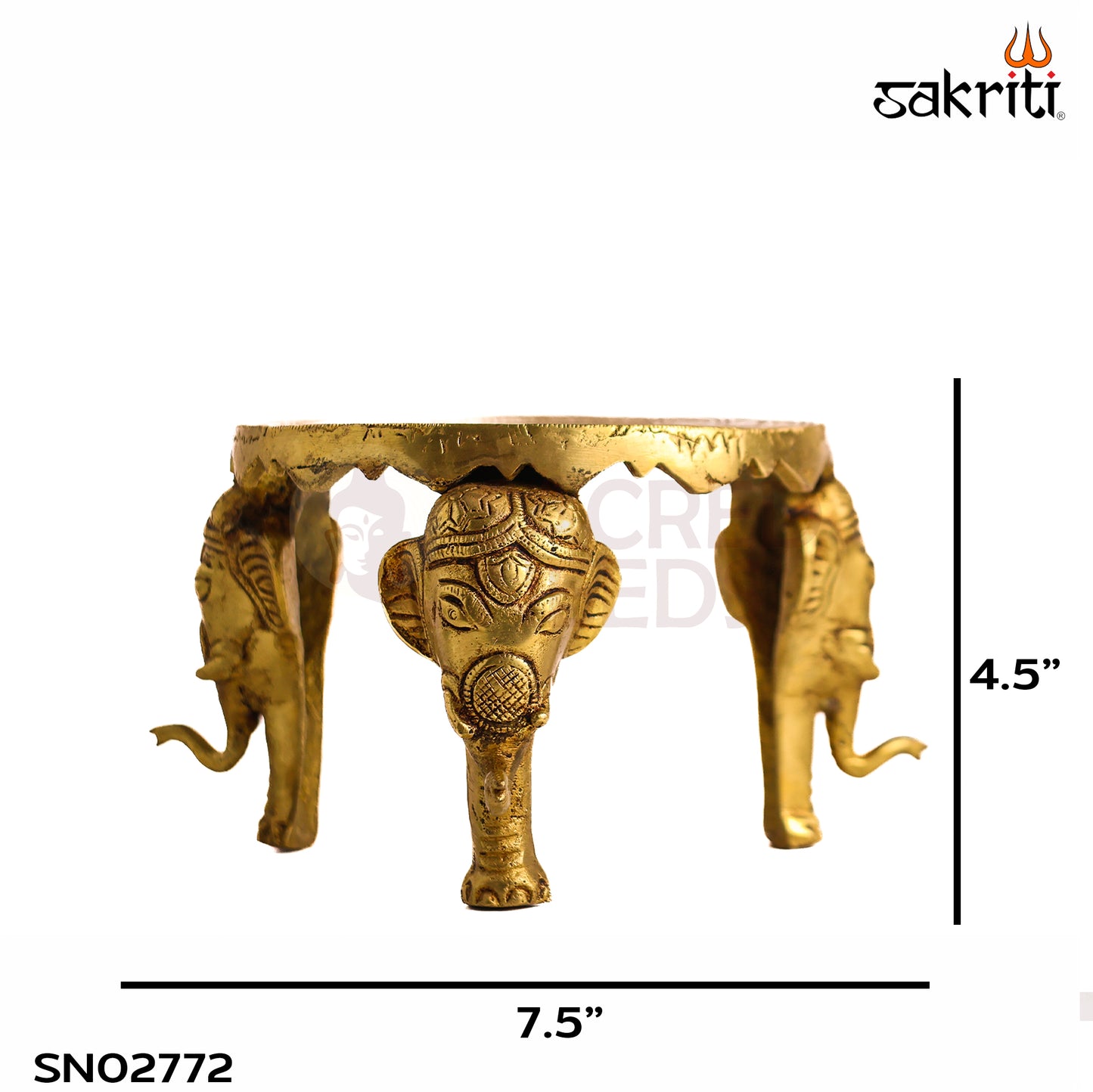 Sacred Needs Brass Round Table with Elephant Legs – 4.5 Inch (11.4 cm) Height | Decorative Brass Chowki Stand for Idols, Pooja Room, Temple & Home Décor