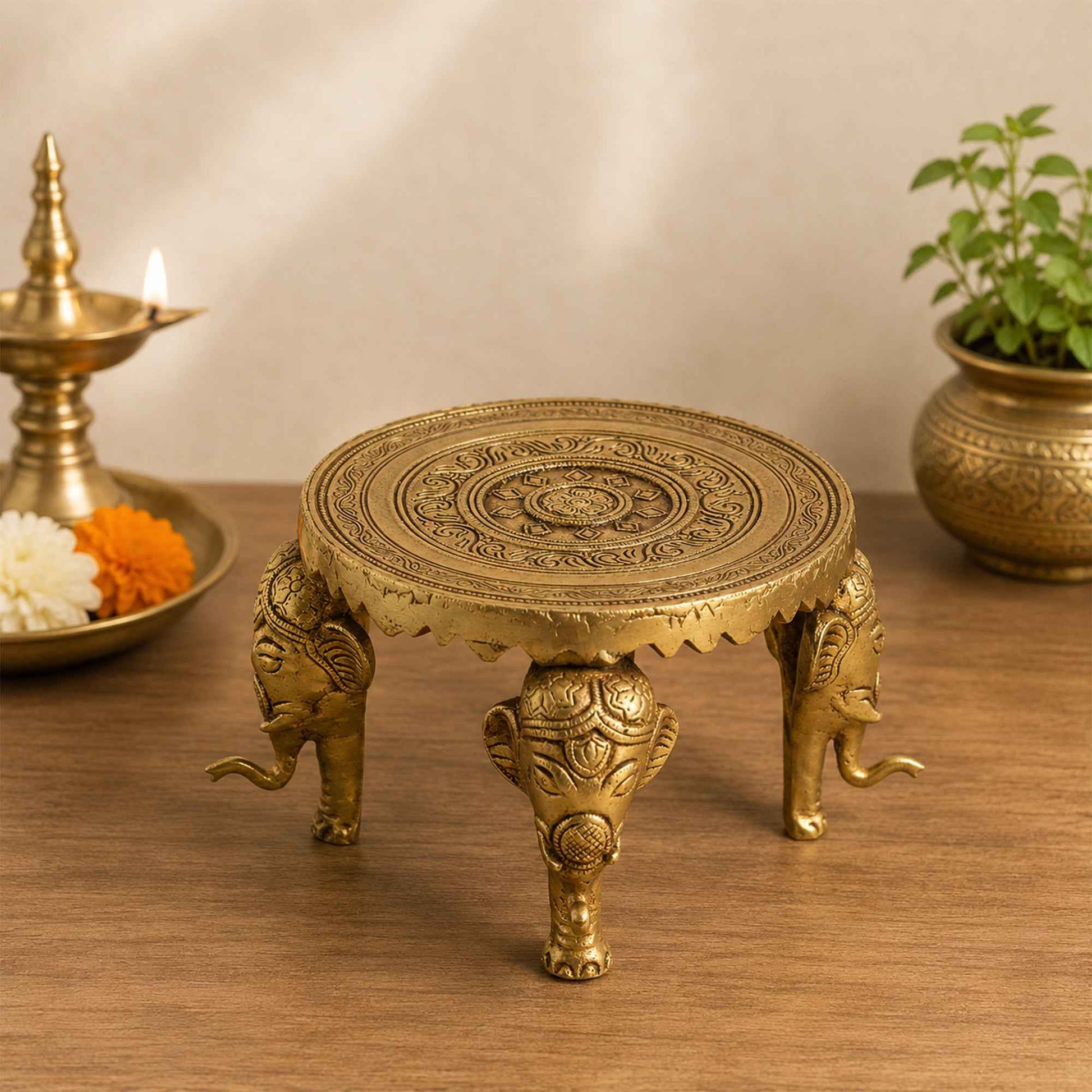 Sacred Needs Brass Round Table with Elephant Legs – 4.5 Inch (11.4 cm) Height | Decorative Brass Chowki Stand for Idols, Pooja Room, Temple & Home Décor
