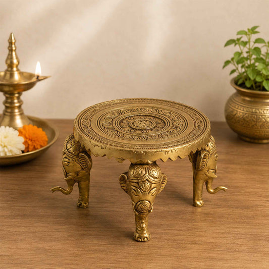 Sacred Needs Brass Round Table with Elephant Legs – 4.5 Inch (11.4 cm) Height | Decorative Brass Chowki Stand for Idols, Pooja Room, Temple & Home Décor