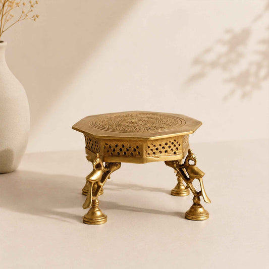 Sacred Needs Brass Octagon Table with Peacock Legs – 5.5 Inch (14 cm) Height | Decorative Brass Chowki Stand for Idols, Pooja Room & Home Décor
