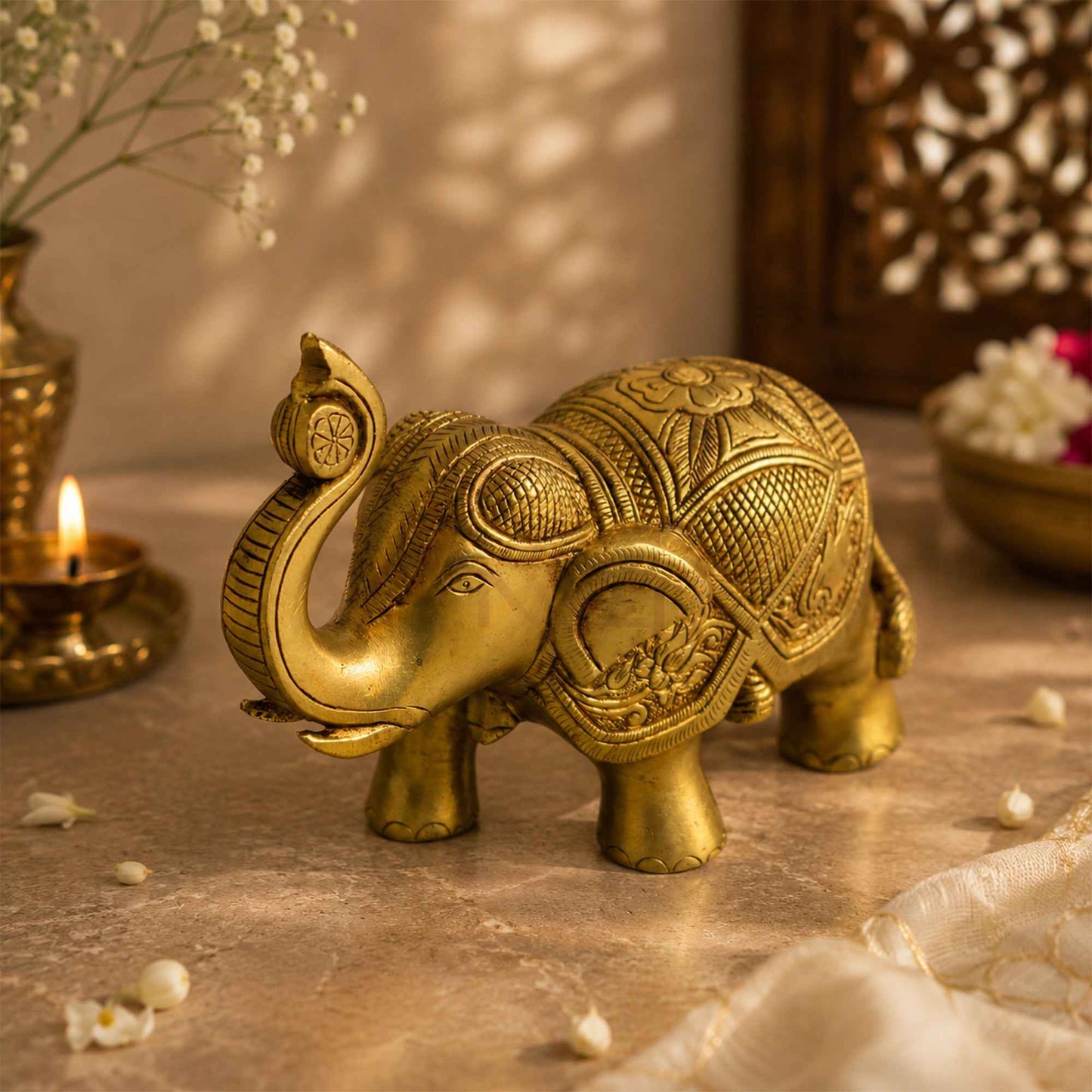 Sacred Needs Brass Elephant Statue – 5 Inch (12.7 cm) Height | Decorative Brass Elephant Idol for Home Décor, Entrance, Office & Vastu Gift