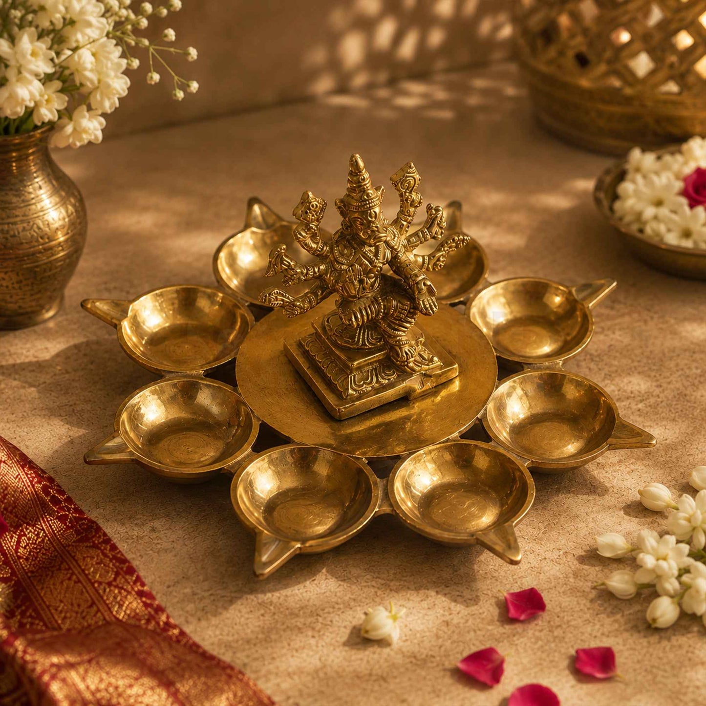 Sacred Needs Brass Varahi Vilakku with 8 Deepam – 4.2 Inch (10.7 cm) Height | Goddess Varahi Brass Oil Lamp for Pooja, Temple Rituals & Shakti Worship