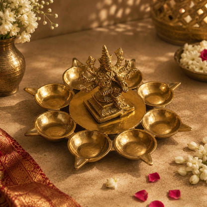 Sacred Needs Brass Varahi Vilakku with 8 Deepam – 4.2 Inch (10.7 cm) Height | Goddess Varahi Brass Oil Lamp for Pooja, Temple Rituals & Shakti Worship