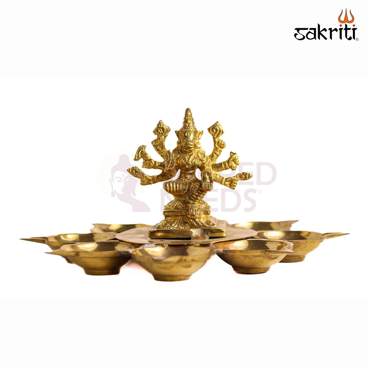 Sacred Needs Brass Varahi Vilakku with 8 Deepam – 4.2 Inch (10.7 cm) Height | Goddess Varahi Brass Oil Lamp for Pooja, Temple Rituals & Shakti Worship