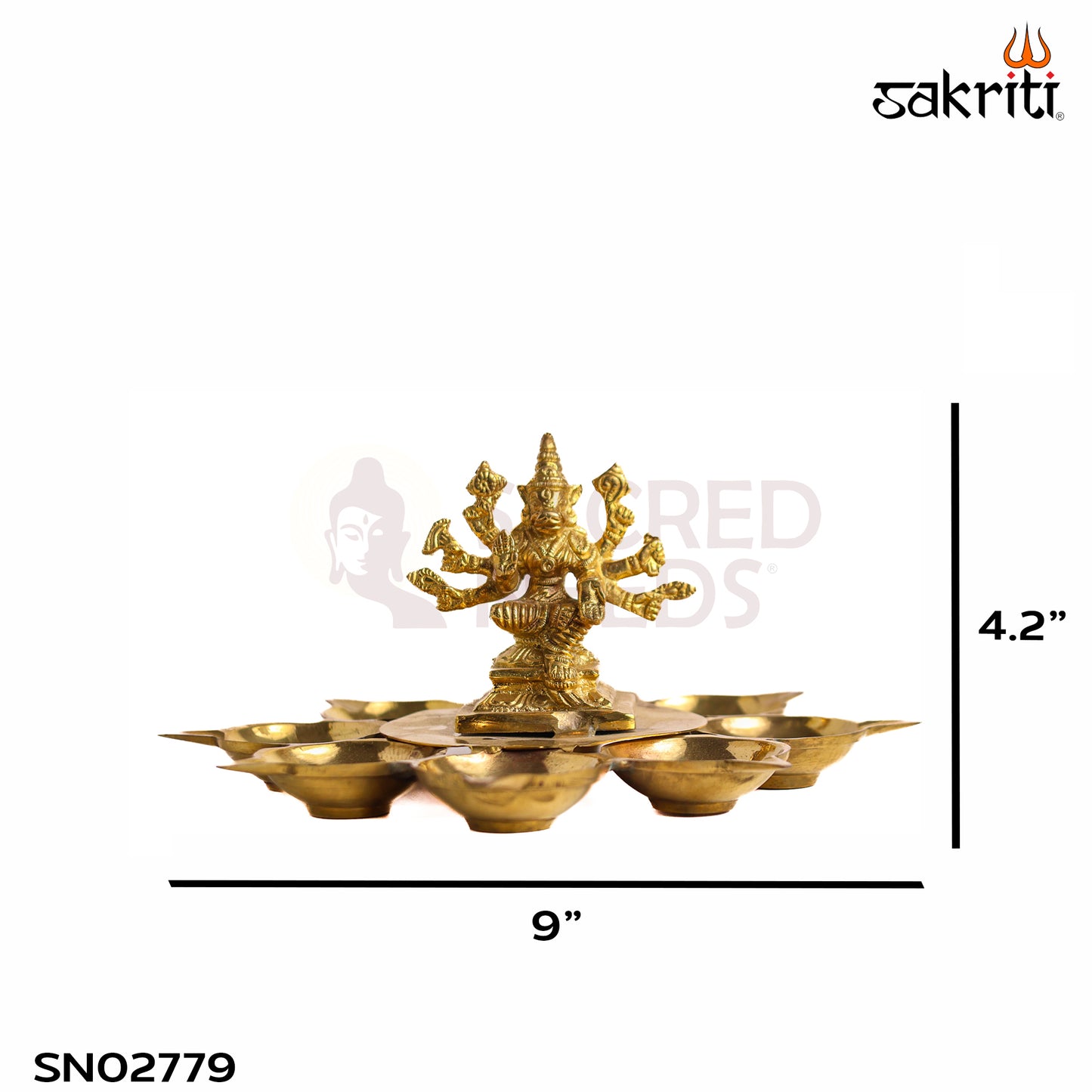 Sacred Needs Brass Varahi Vilakku with 8 Deepam – 4.2 Inch (10.7 cm) Height | Goddess Varahi Brass Oil Lamp for Pooja, Temple Rituals & Shakti Worship
