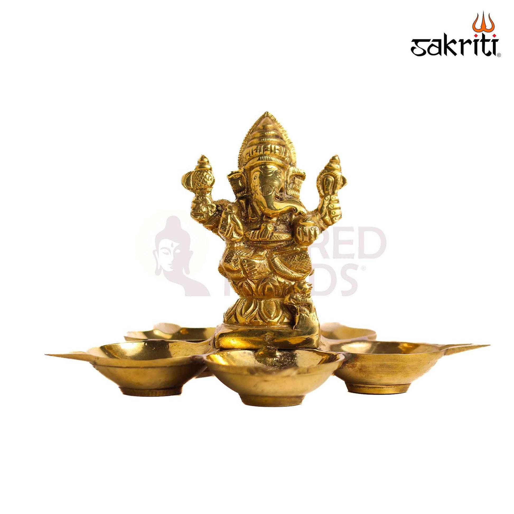 Sacred Needs Brass Ganesha Vilakku with 5 Deepam – 4 Inch (10.2 cm) Height | Traditional Brass Oil Lamp with Lord Ganesha for Pooja Room, Temple & Spiritual Décor