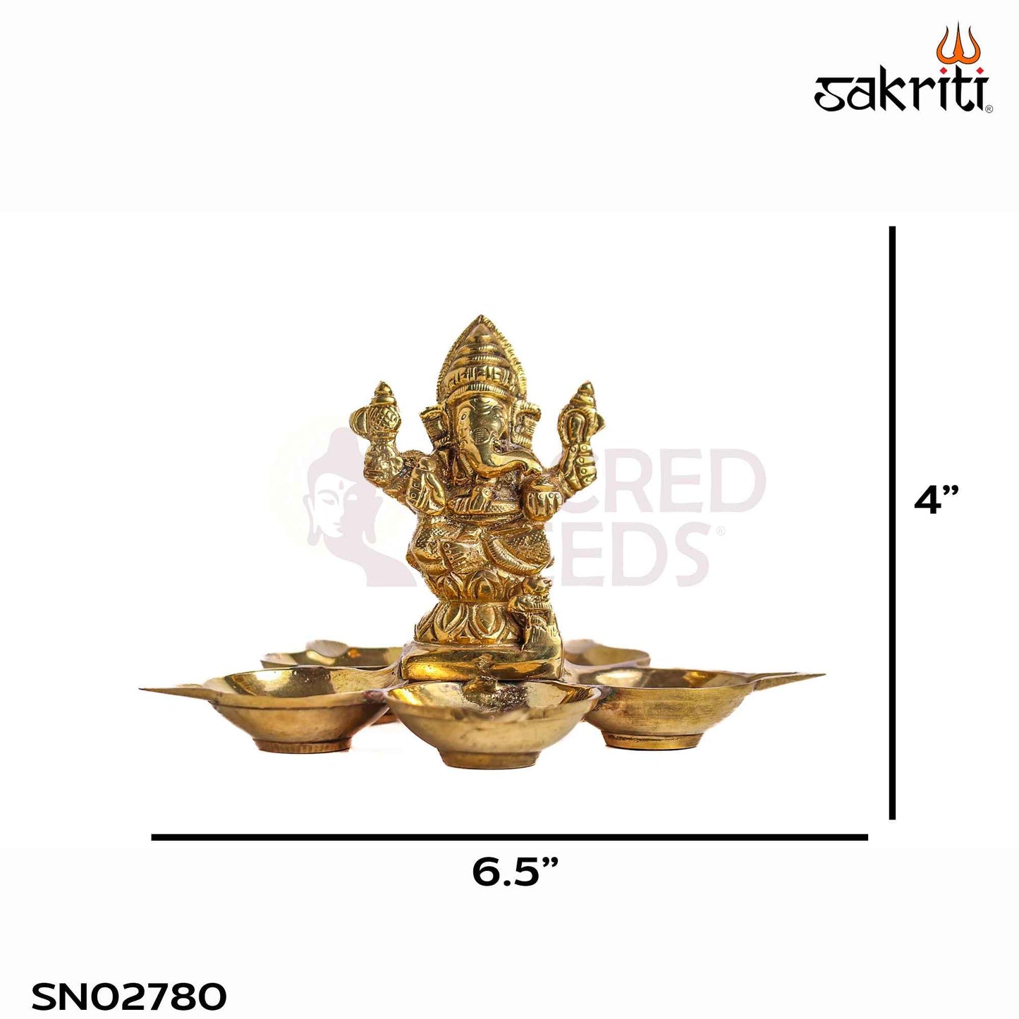 Sacred Needs Brass Ganesha Vilakku with 5 Deepam – 4 Inch (10.2 cm) Height | Traditional Brass Oil Lamp with Lord Ganesha for Pooja Room, Temple & Spiritual Décor
