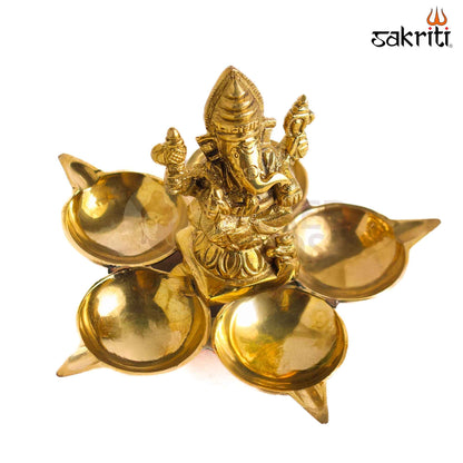 Sacred Needs Brass Ganesha Vilakku with 5 Deepam – 4 Inch (10.2 cm) Height | Traditional Brass Oil Lamp with Lord Ganesha for Pooja Room, Temple & Spiritual Décor